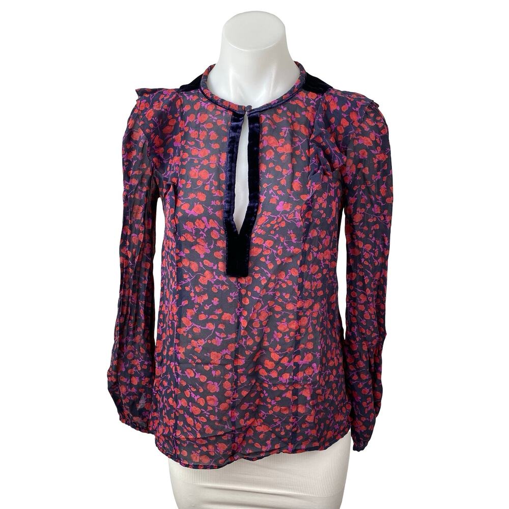 L.K. Bennett Multicolor Mesh Sheer Floral Long Sleeve Cutout Blouse Top Size 4